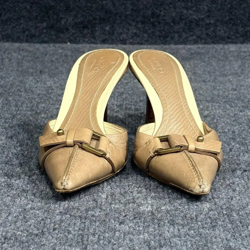 Gucci Shoes Womens 5.5 Beige Leather Pointed Toe Leather Mule Heels Buckle Italy